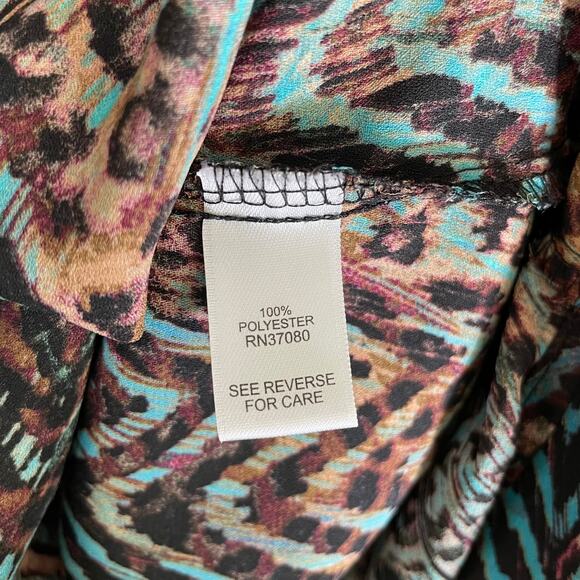 CATO Women's Roll Tab Sleeve Work Blouse Top Abstract Print Turquoise Small Boho - Picture 7 of 8